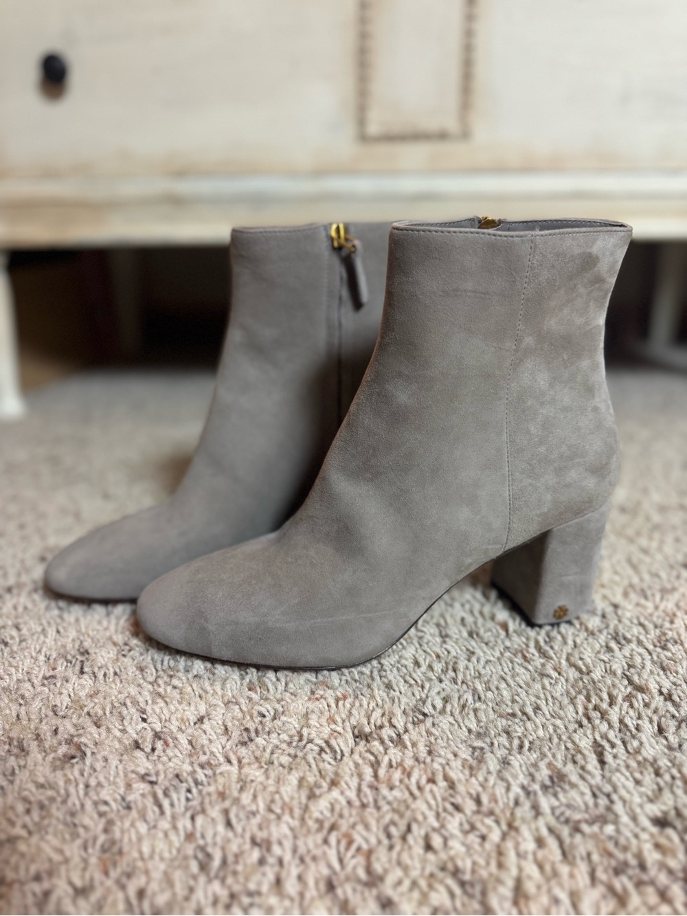 Tory Burch Grey Suede Block Heel Ankle Boots